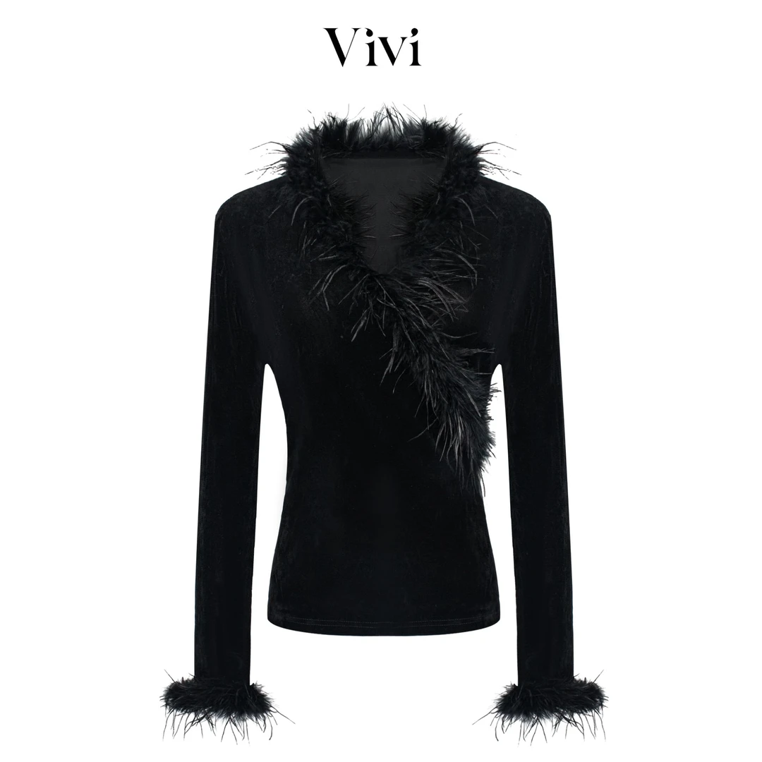 轻奢重工时尚百搭秋冬V领毛毛打底衫200-25120402