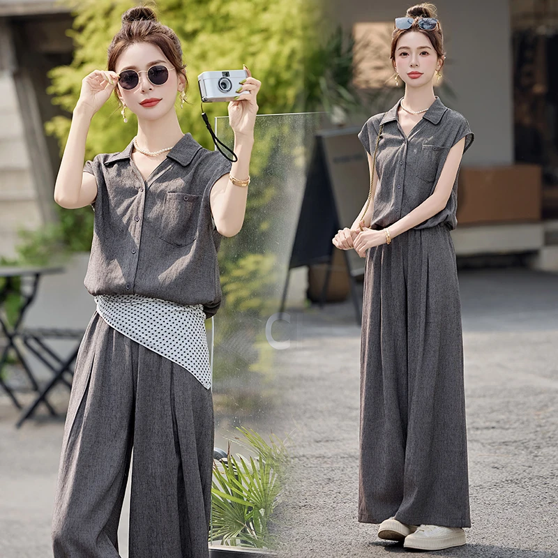 小香风套装2025新款爆款夏季翻领v领短袖衬衫休闲阔腿裤子两件套