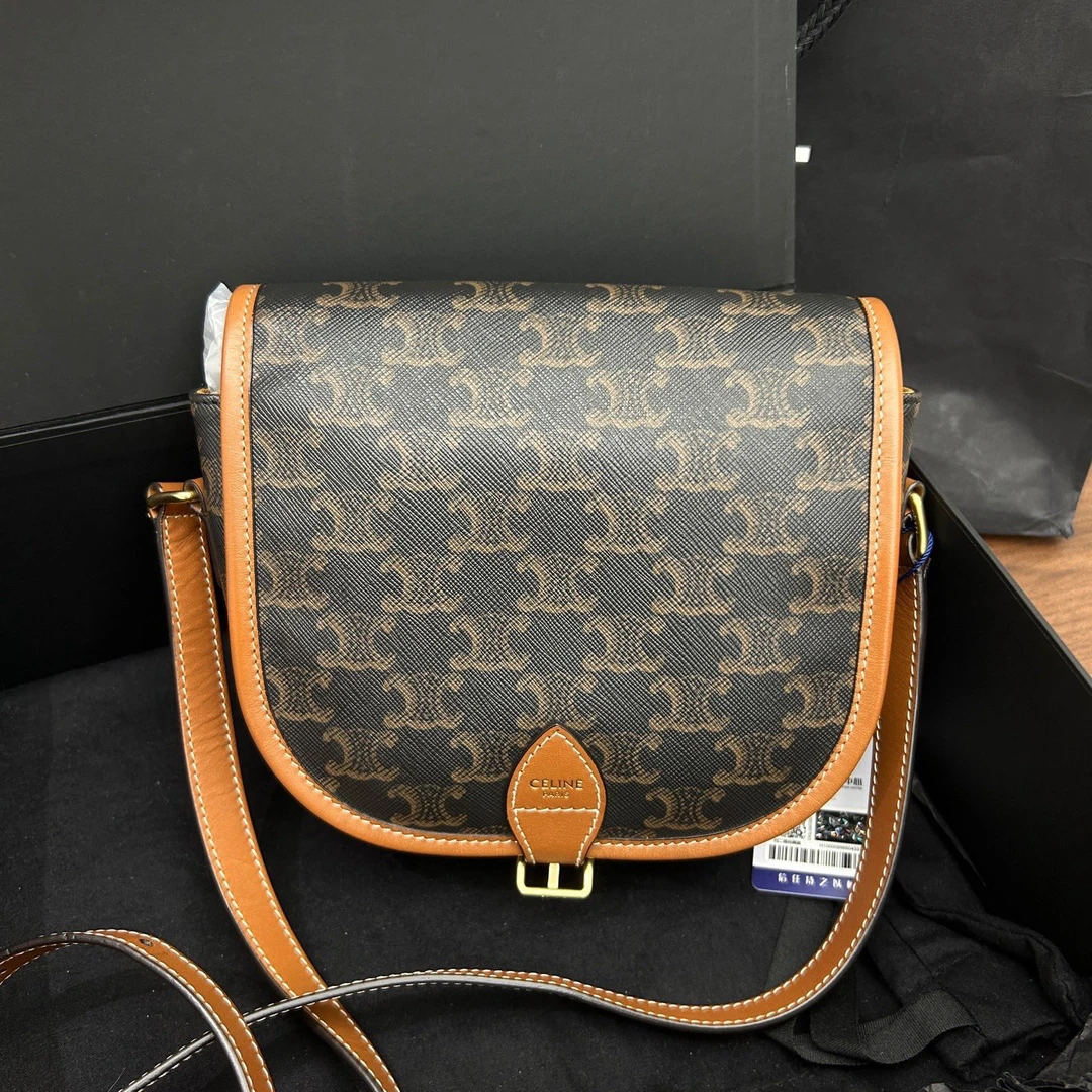 99新 Celine/思琳 老花凯旋门马鞍单肩斜挎包 底长17