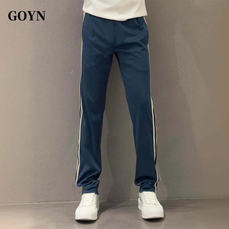 GOYN新款潮流百搭男士透气宽松休闲条纹轻奢垂感男装运动直筒卫裤