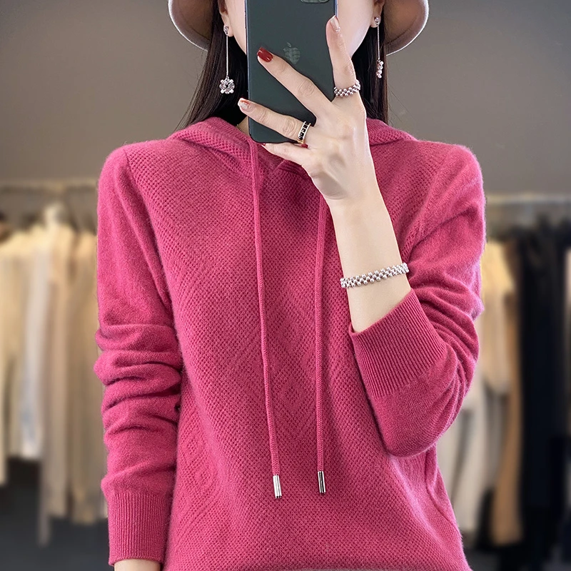 25春新款大菱形连帽针织衫纯色带帽卫衣宽松百搭加厚毛衣打底衫