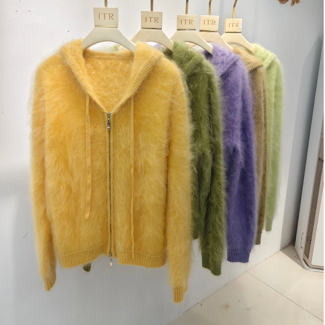 100羊绒高克重花纱连帽厚款女常规款水洗拉绒