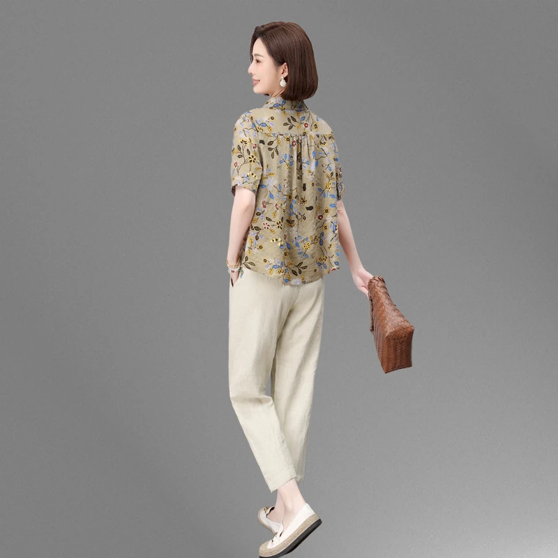 碎花衬衫时尚薄套装女2025新款夏季中年妈妈亚麻休闲裤大码两件套