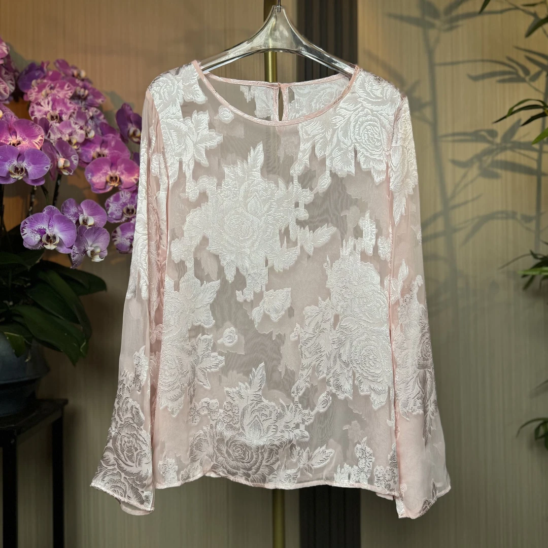 【花间令】套头剪花乔其衫镂空玫瑰东方美学圆领长袖打底肉中式穿搭