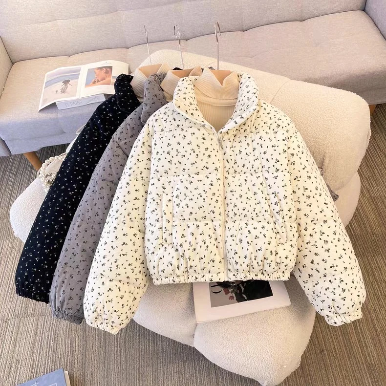 韩系短款洋气棉服女2025年新款冬季加厚棉衣小个子碎花面包服外套