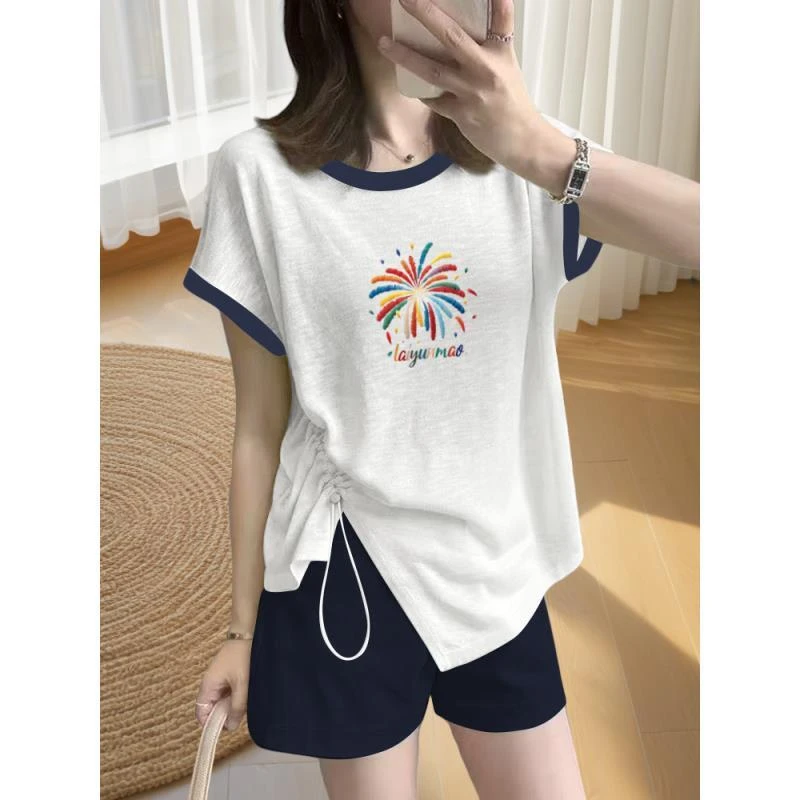 竹节棉洋气衣服女2025夏季新款百搭显瘦小众设计感时尚休闲t恤女