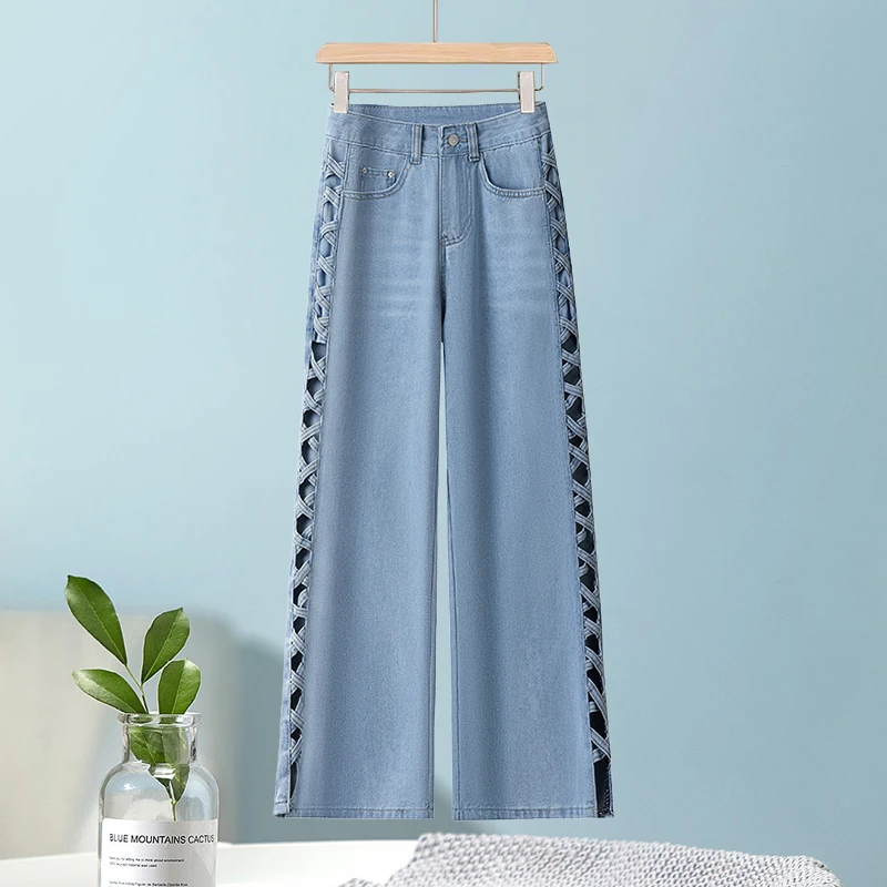 百搭显瘦浅蓝宽松辣妹阔腿镂空高腰直筒垂感牛仔裤夏凉感牛仔长裤