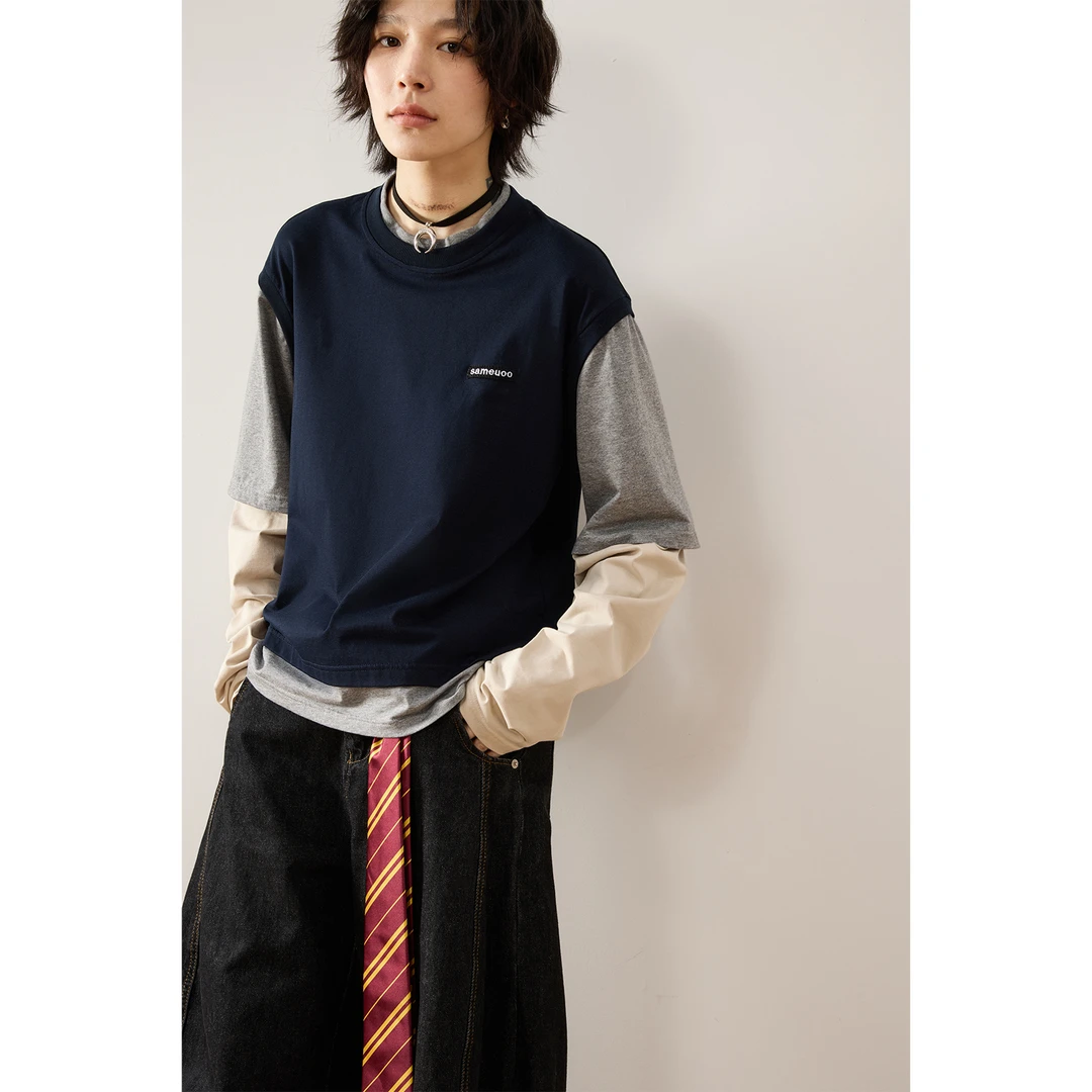 sameuoo散养文化「尖子生」假三件长袖t恤女设计感撞色内搭百搭上衣