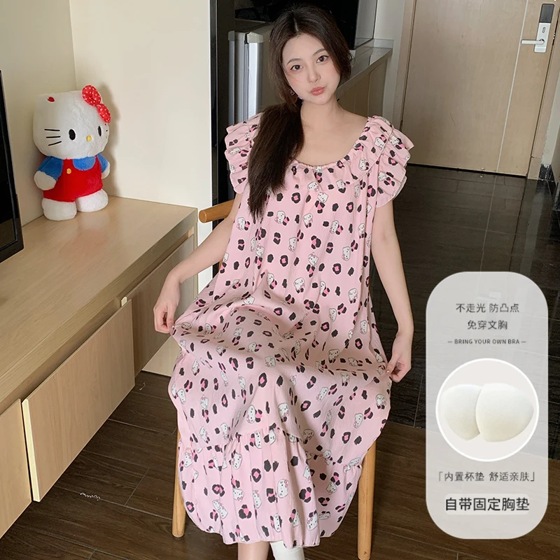 HelloKitty小飞袖睡裙女带胸垫夏季宽松慵懒甜美可爱睡衣裙大码