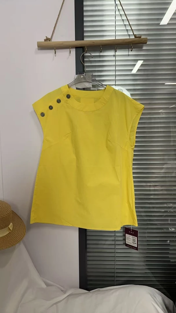 女装无袖衬衫女夏季2025新款宽松薄款短款黄色上衣