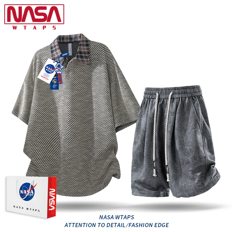 NASA WTAPS美式老钱风短袖POLO衫套装夏季男款宽松大码运动两件套