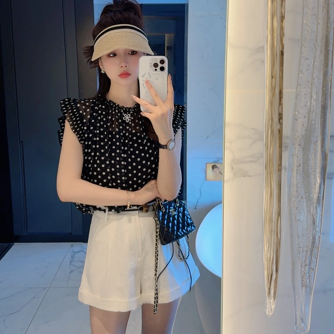 【大静静】夏日波点~法式优雅木耳边夏季两件套上衣