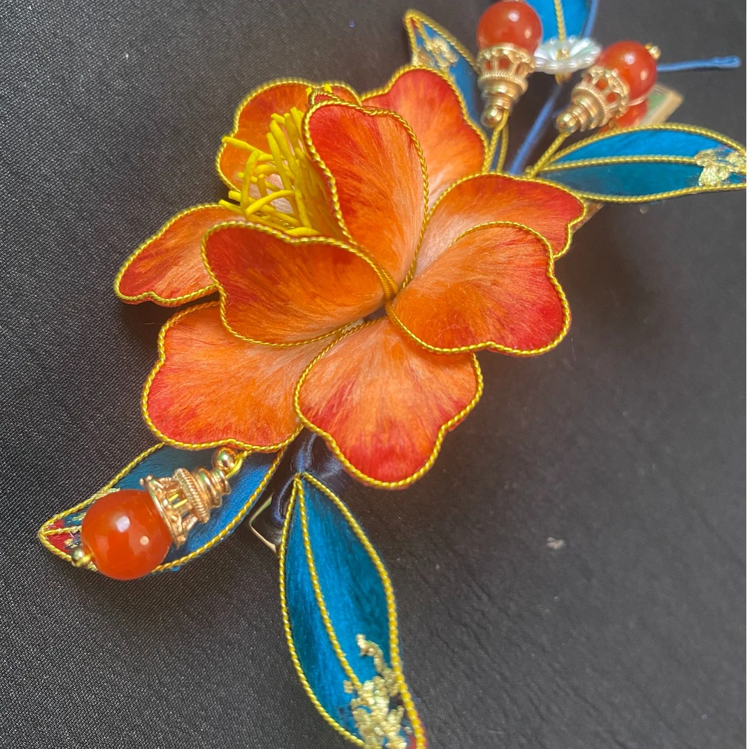 【花开富贵】南京非遗绒花橘红色牡丹花边夹日常百搭