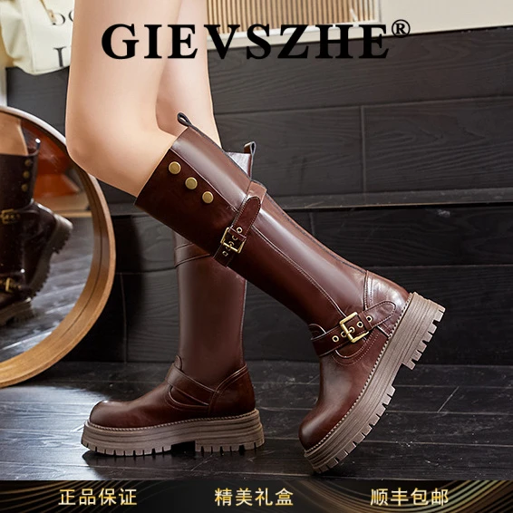 【官方正品】纪诗哲女鞋复古骑士靴女冬季新款百搭长靴英伦风长筒靴