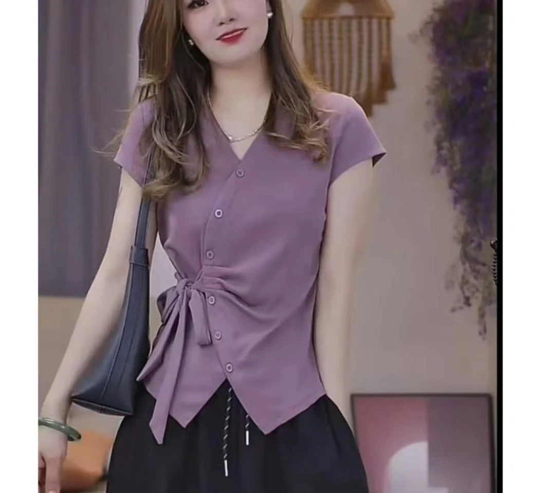 2025时尚气质百搭宽松遮肉显瘦短袖质感设计感休闲洋气不规则987