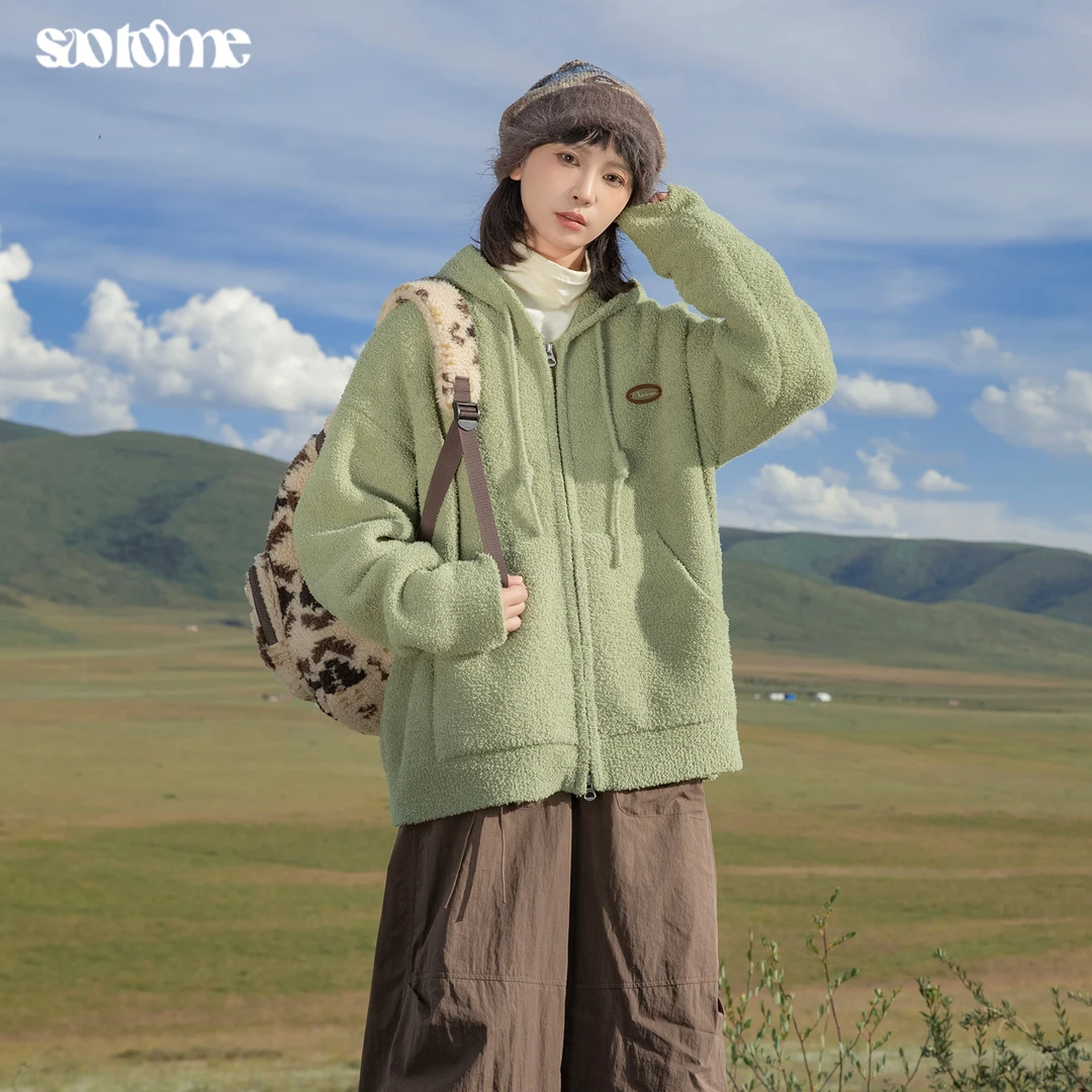 早乙女惠子saotome 日系宽松复古软糯毛绒连帽开衫毛衣卫衣3314