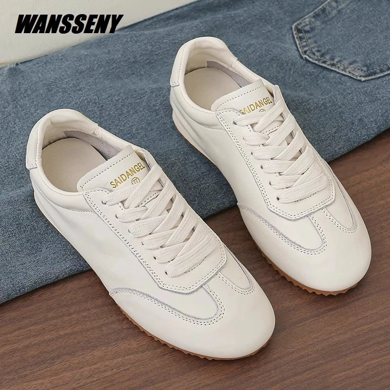 WANSSENY2025年百搭头层软牛皮白色德训鞋女系带平底运动休闲女鞋