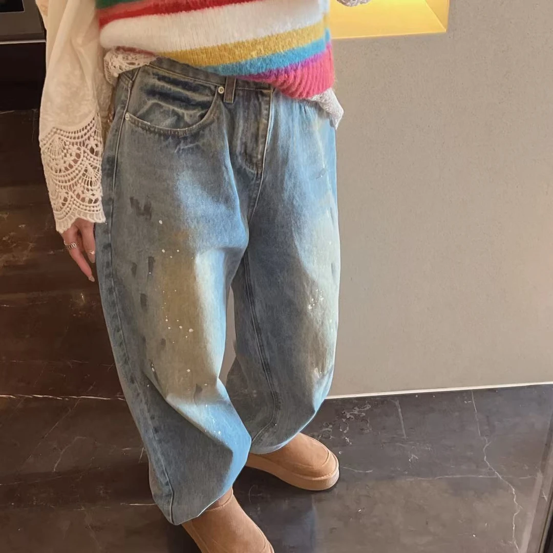 xxxwxz王希之  做旧设计感涂鸦点漆宽松阔腿牛仔裤#z1169