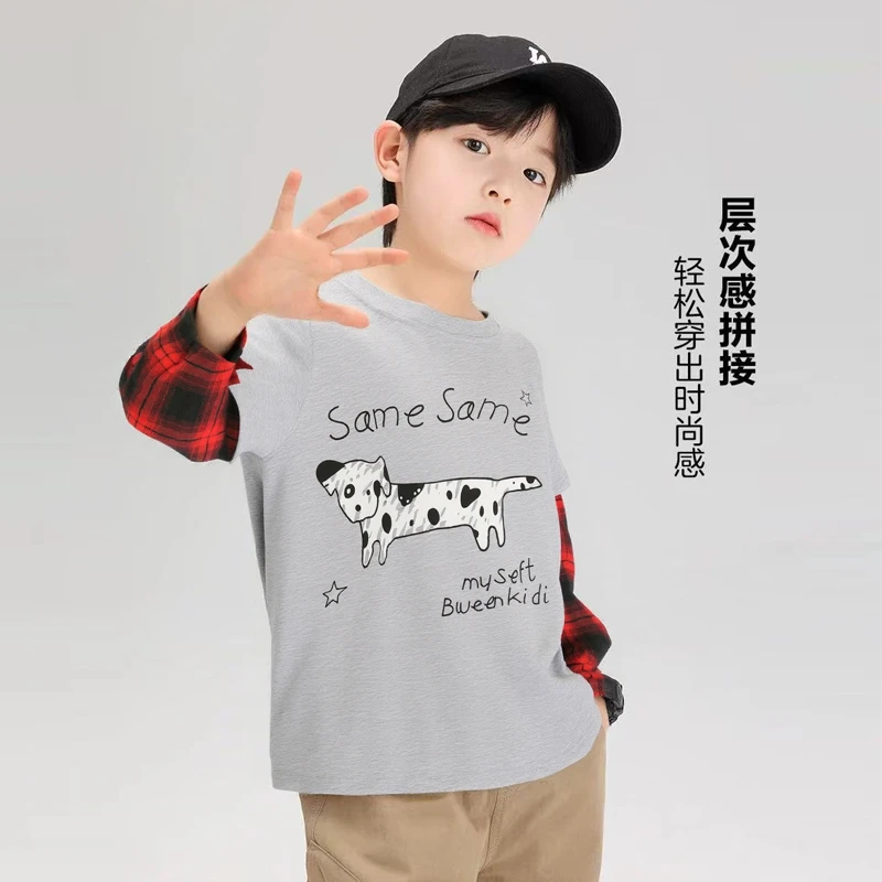童装男童长袖t恤秋季时尚韩系宝宝假两件上衣儿童秋装潮格子撞色