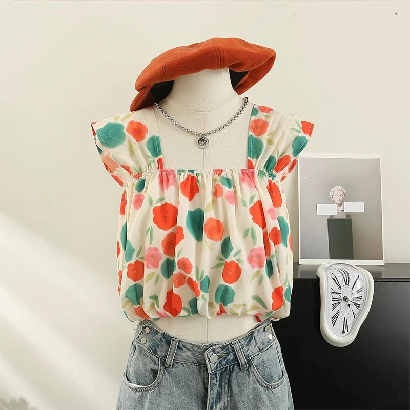 夏季小飞袖蓬蓬吊带短款背心设计感小众洋气甜美小清新碎花上衣女