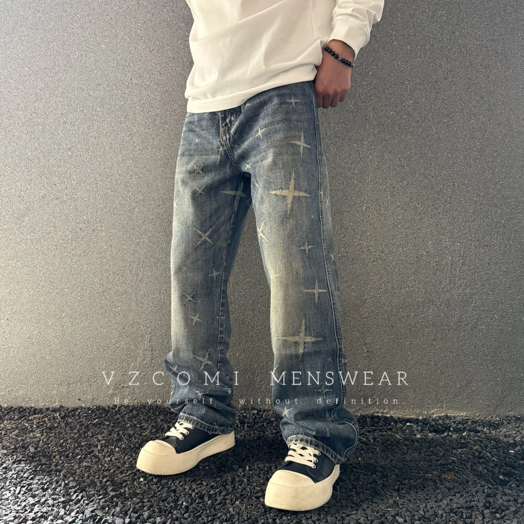 巴黎风美式钩花高端休闲牛仔裤做旧休闲水洗秋季ins拉链美式提花