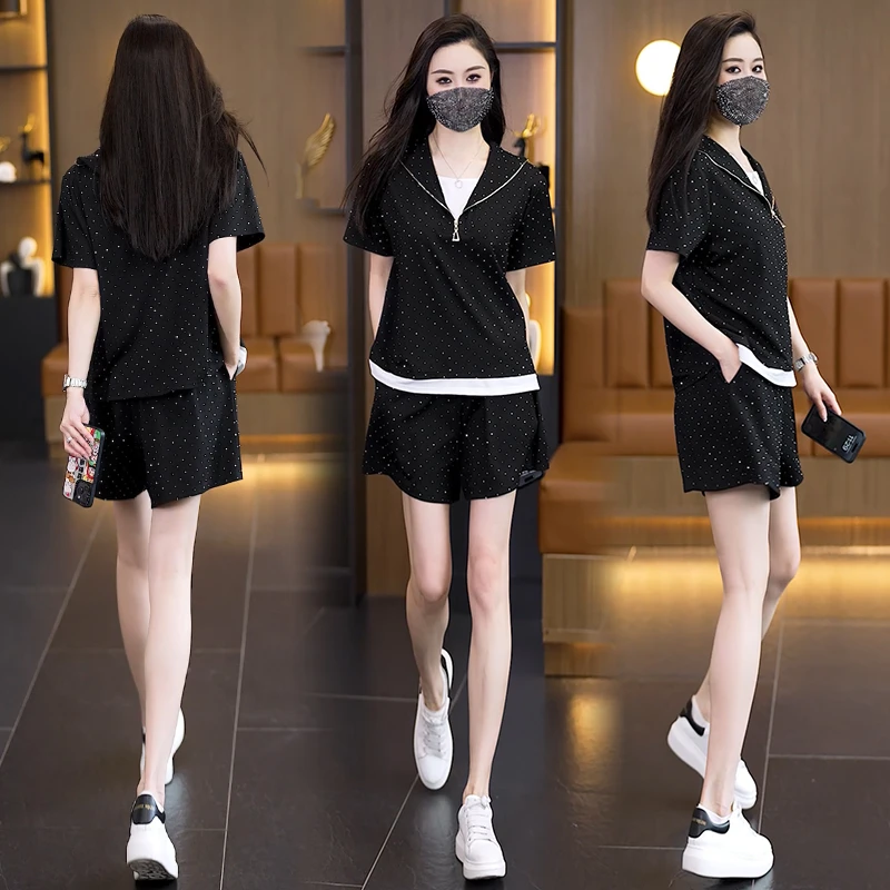 2025夏季新款透气时尚宽松遮肉高级设计感运动风短裤套装