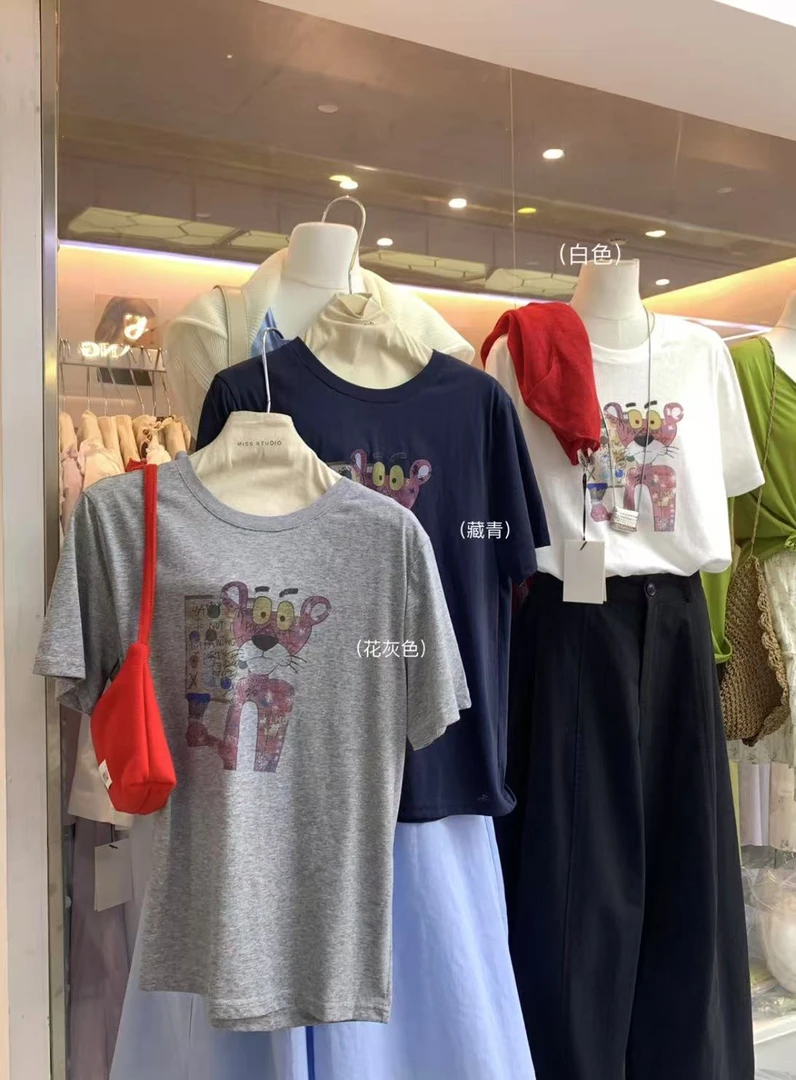 密思@88978 韩系简约粉红豹印花宽松短袖T恤 7-1