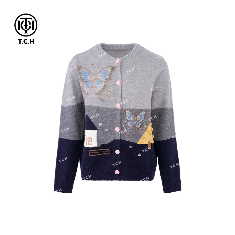 私服-TCH潮牌24新款时尚重工洋气蝴蝶烫钻针织开衫T72C43E5095