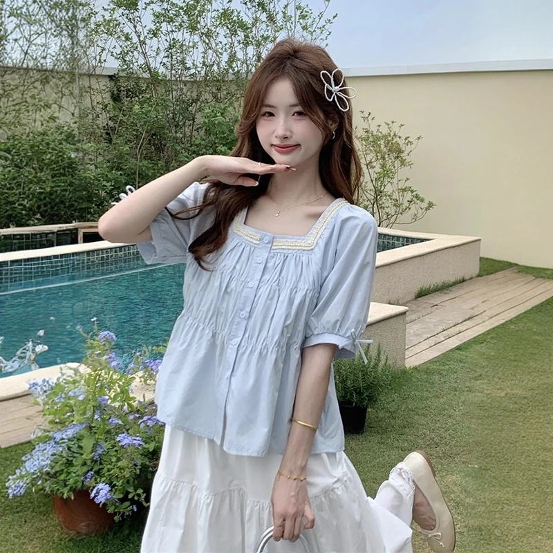 法式钉珠方领蝴蝶结蓝色泡泡袖衬衫女2025夏季温柔风甜美减龄上衣