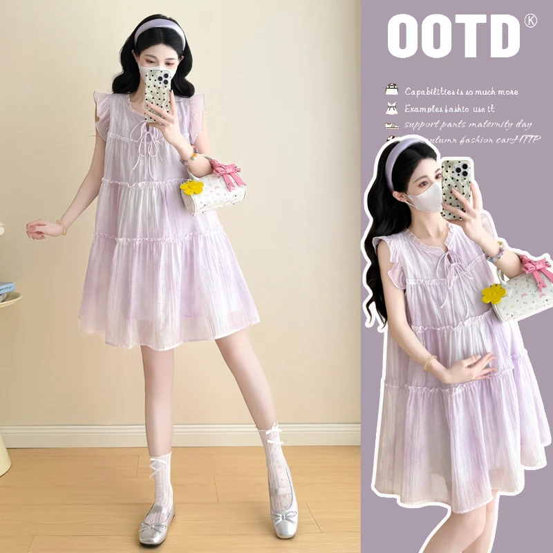 2025夏季孕妇装减龄可爱晕染梦幻紫飞飞袖蛋糕连衣裙百搭宽松
