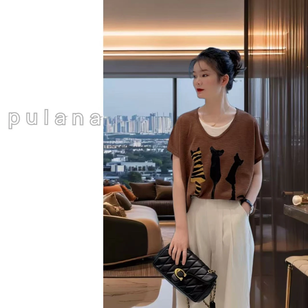 673 原创设计小猫印花百搭假两件时尚新款休闲宽松上衣