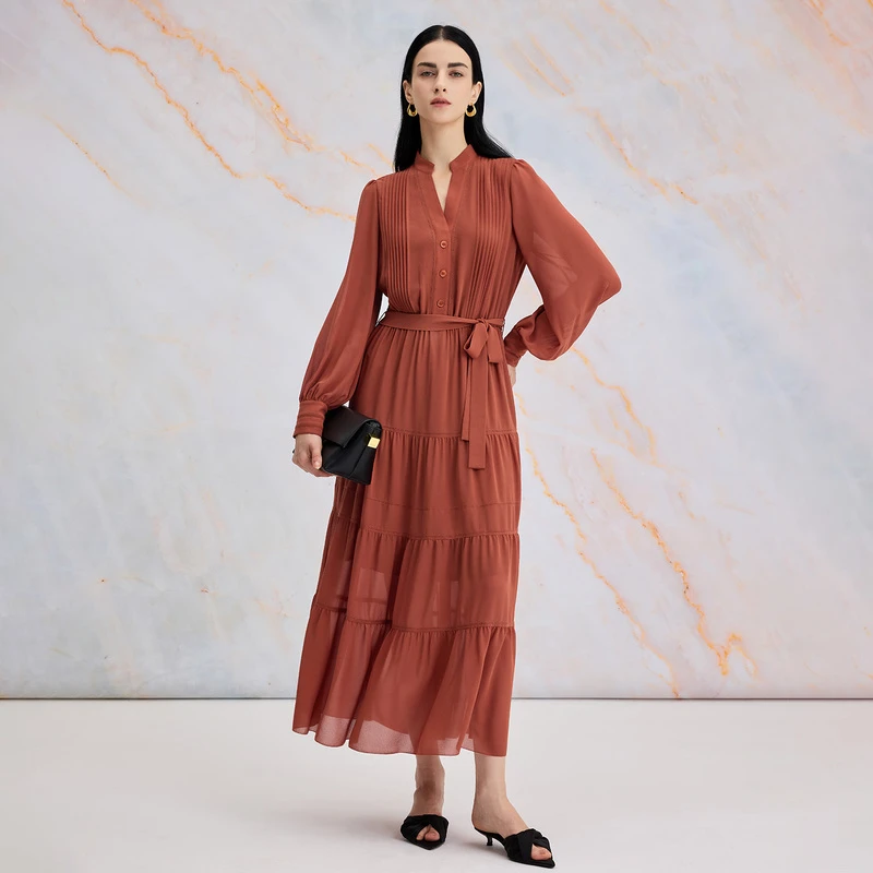 寺山文也 桃靥/明艳动人复古V领塔克褶蛋糕裙灯笼袖雪纺连衣裙秋