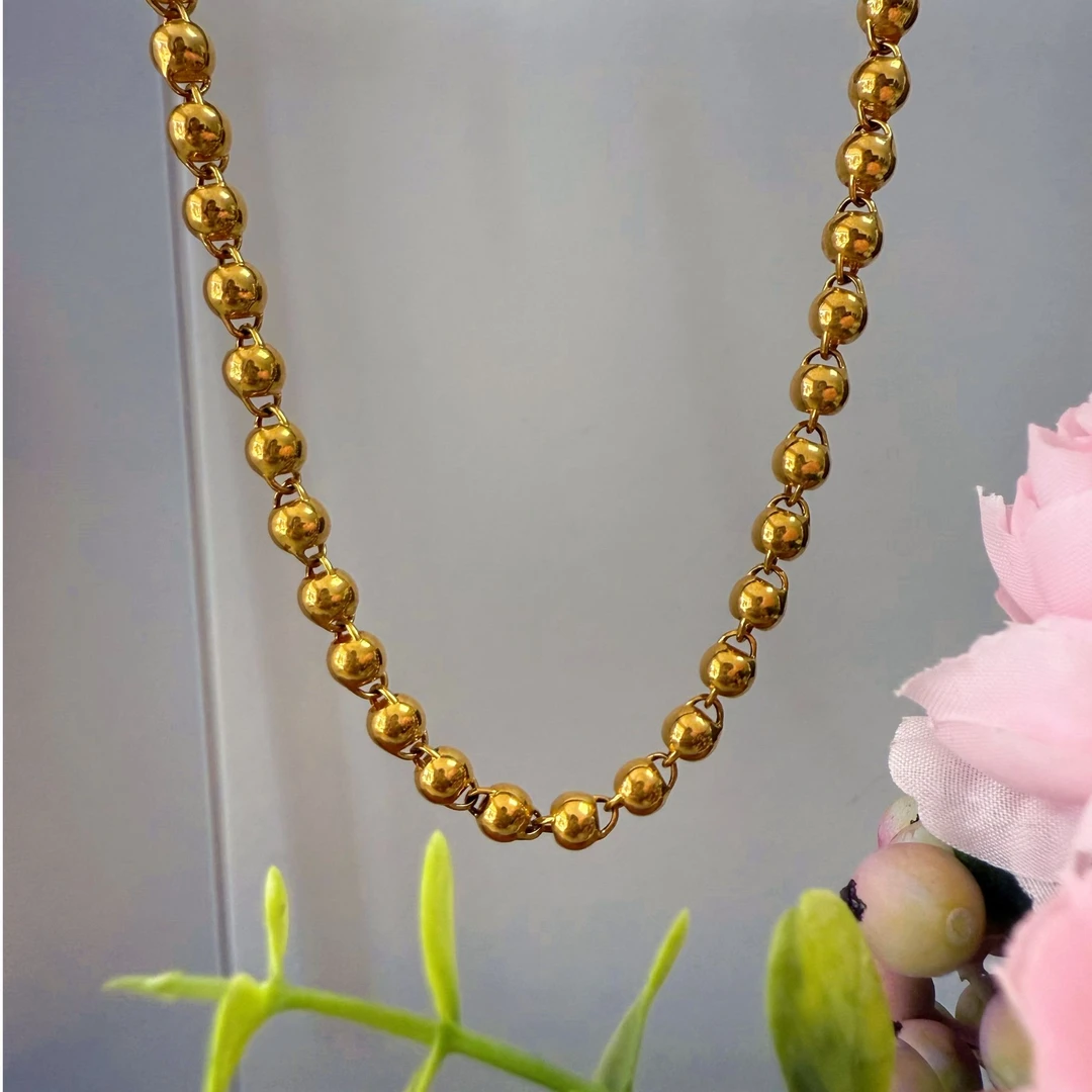 铜合金项链 金色亮面光珠佛珠项链无美颜