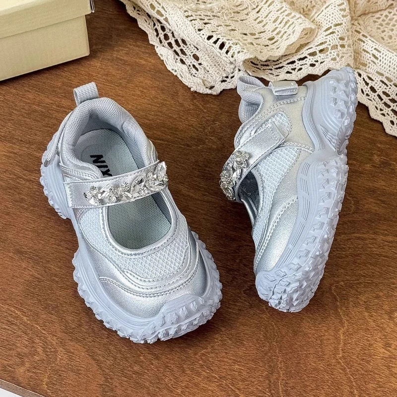 女童鞋子儿童运动老爹鞋2025春秋新款开春小白休闲银色芭蕾风7178