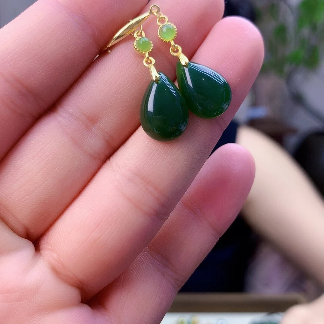 和田玉（碧玉）银S925镶嵌吊坠(不含链)耳钉