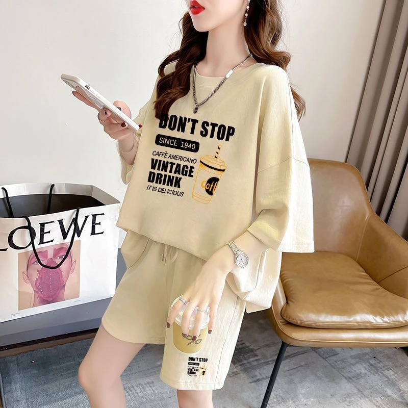 港风休闲运动套装短袖短裤2024夏季潮宽松睡衣女一套搭配两件睡衣