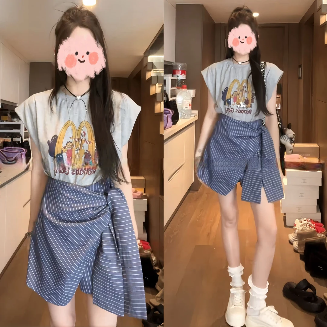 2025夏季时尚韩版显瘦飞飞袖T恤上衣女百搭条纹半身裙休闲套装女