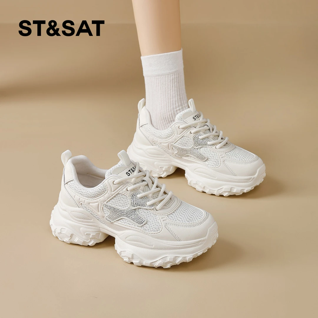 星期六松糕厚底老爹鞋女2026春季显脚小水钻百搭配裙子休闲小白鞋