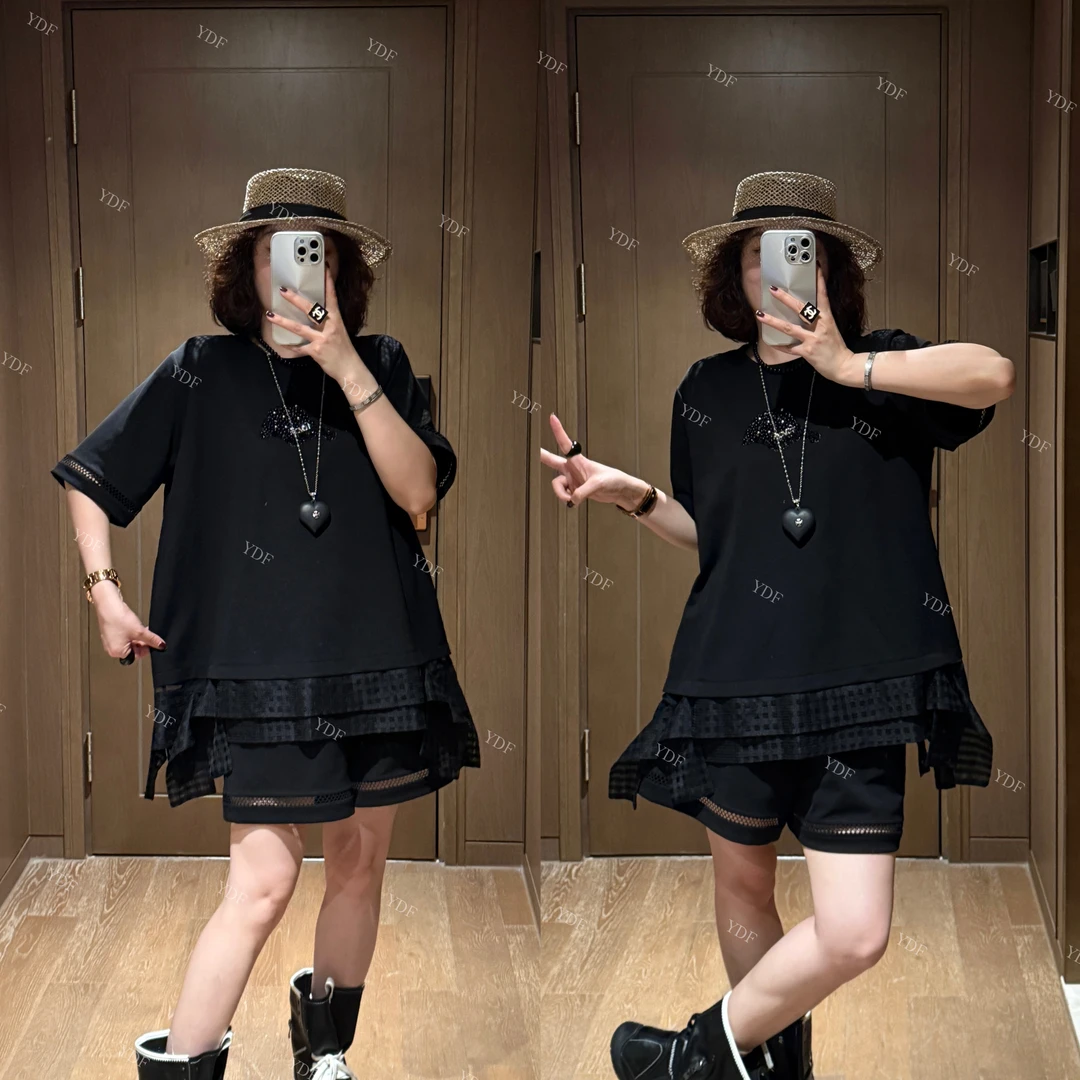 YDFSTUDIO小众【夜幕之下】欧货高品重工钉珠拼接设计上衣+短裤套装