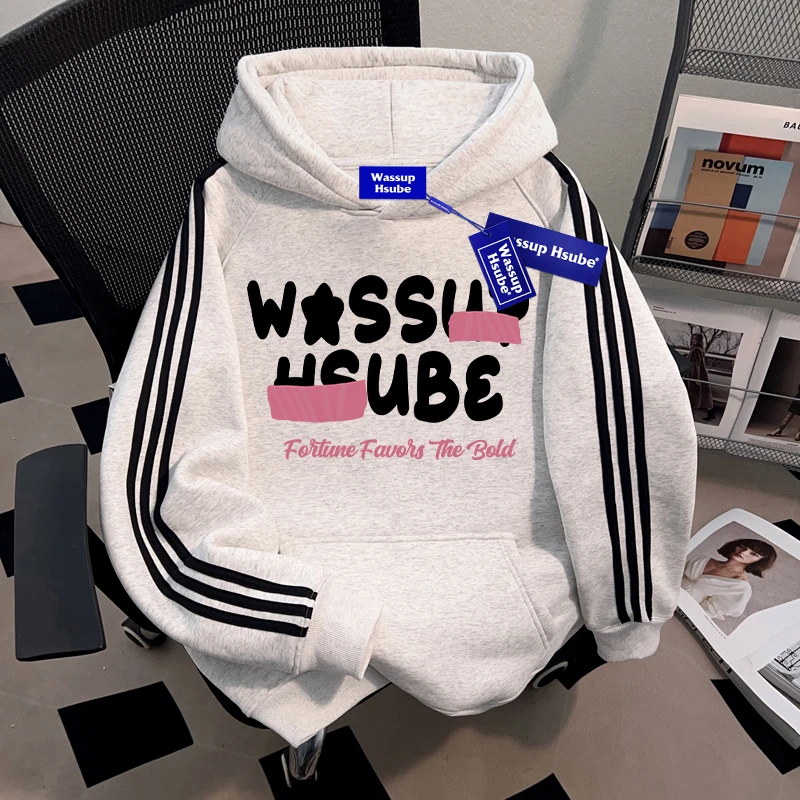 WASSUP HSUBE潮流百搭三条杠男女情侣连帽卫衣秋冬重磅美式上衣服