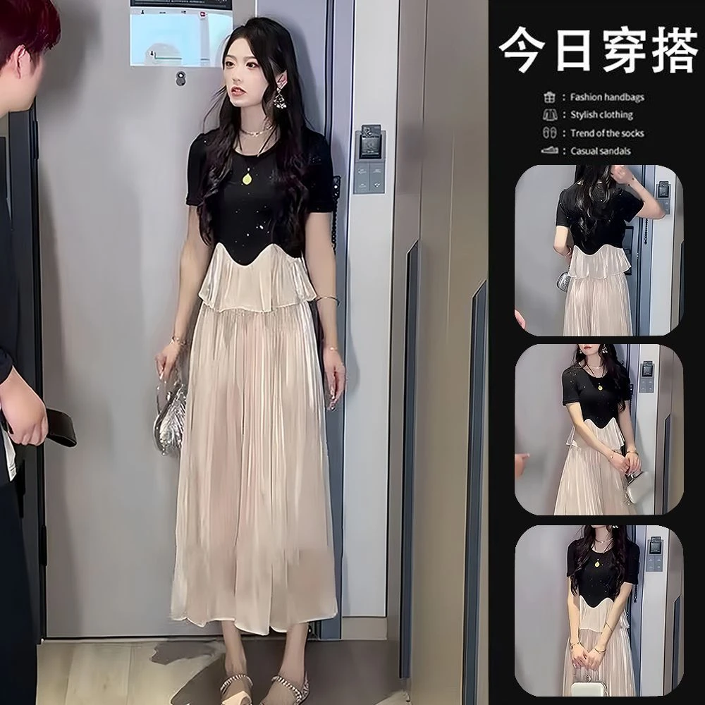 【200斤胖mm可穿套装】法式细闪拼接短袖T恤+阔腿裤轻奢显瘦两件套