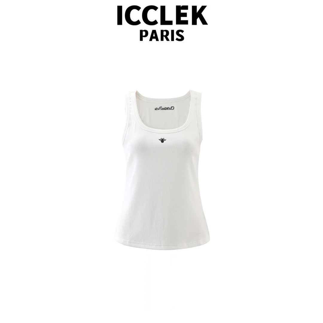 ICCLEK 白色U领背心百搭无袖休闲时尚镂空针织字母背心短袖 -1206