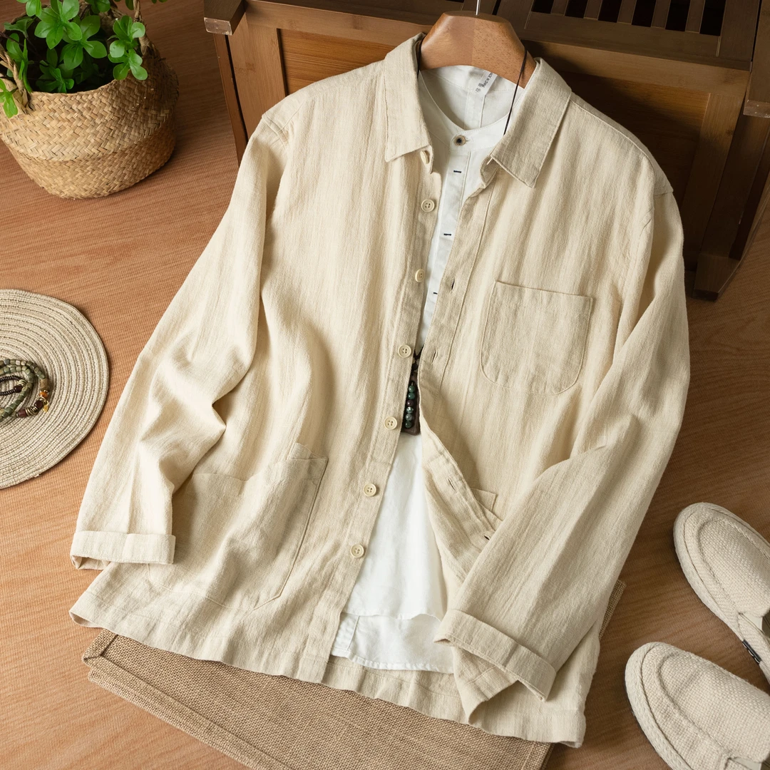 麻尚生活苎麻外套男士长袖春秋季2025新款宽松休闲夹克衬衫开衫潮