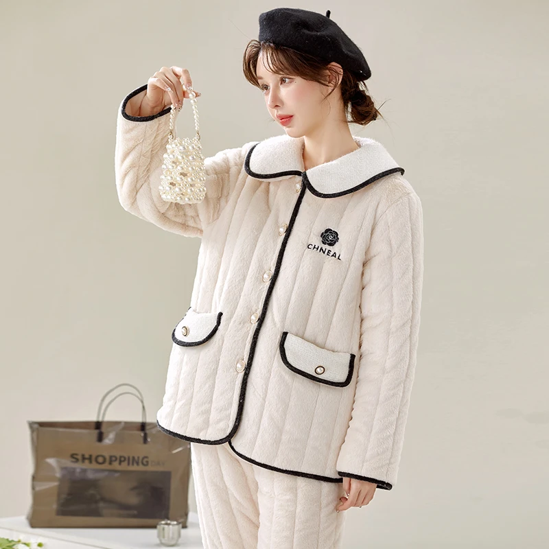 睡衣女冬季绒三层夹棉加厚加绒法兰绒超厚保暖家居服套装外穿