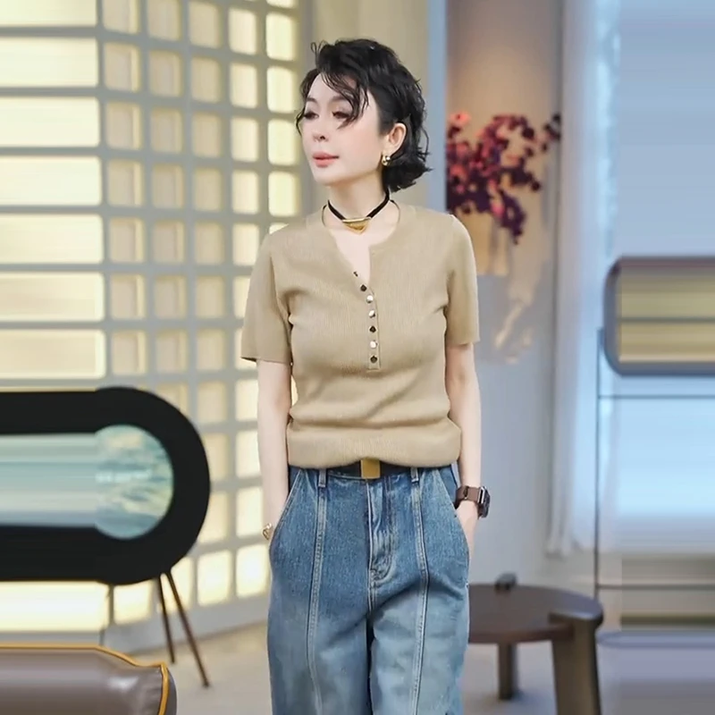 时尚韩版高级感短袖针织衫女款夏季显瘦圆领t恤洋气减龄休闲上衣