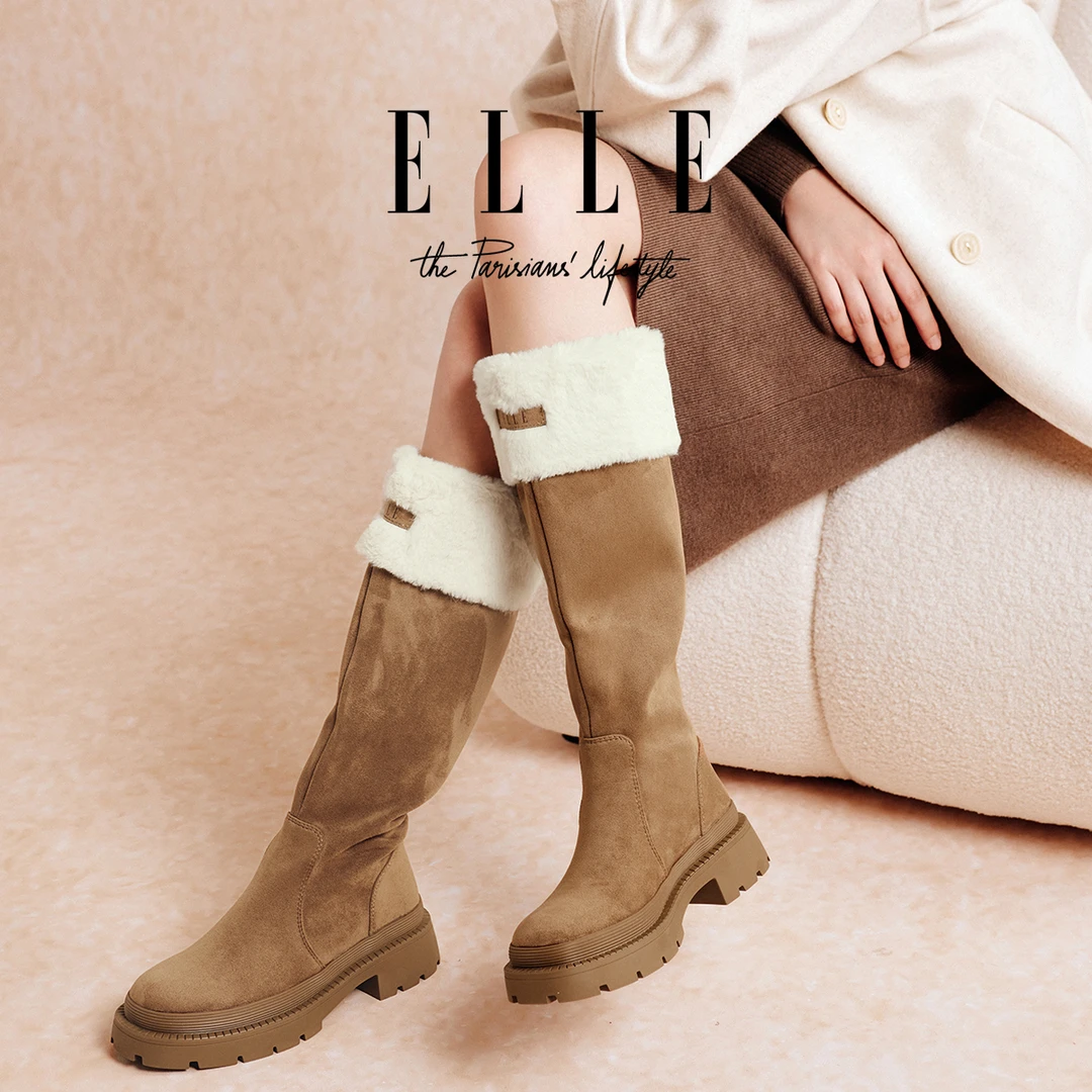 ELLE4CM厚底雪地靴女款加绒加厚时尚百搭长筒靴东北防寒保暖棉鞋