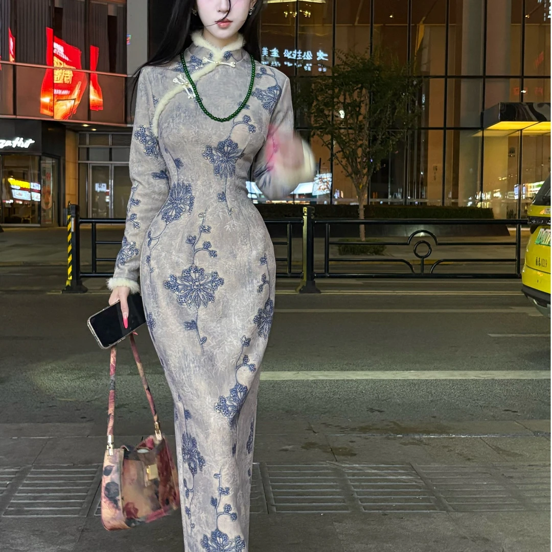 画报夫人原创自制厚款针织水貂毛秋冬旗袍 青花瓷珠帘旗袍