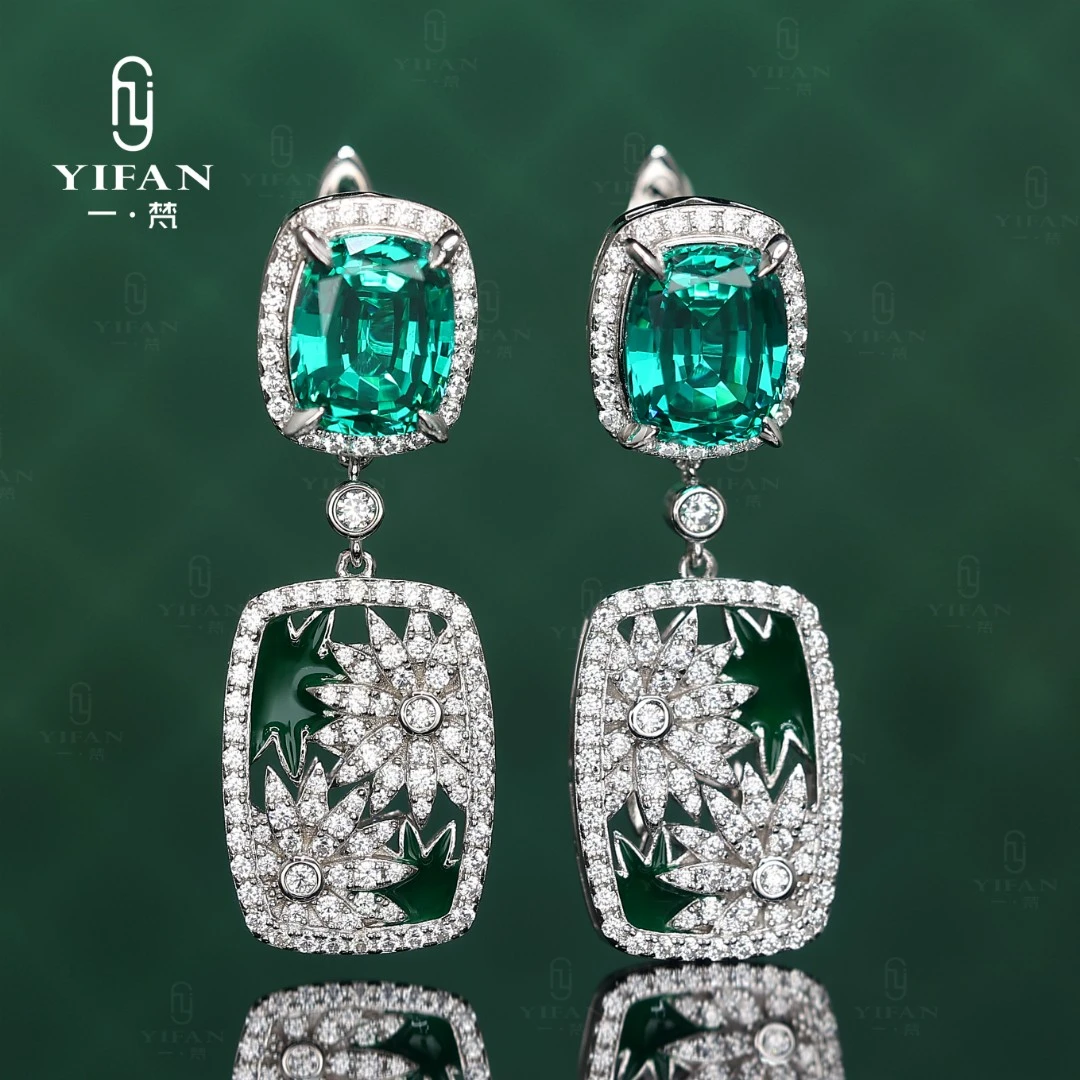925银合成锆石耳饰 绿色神秘律动方形时尚耳环女款0475