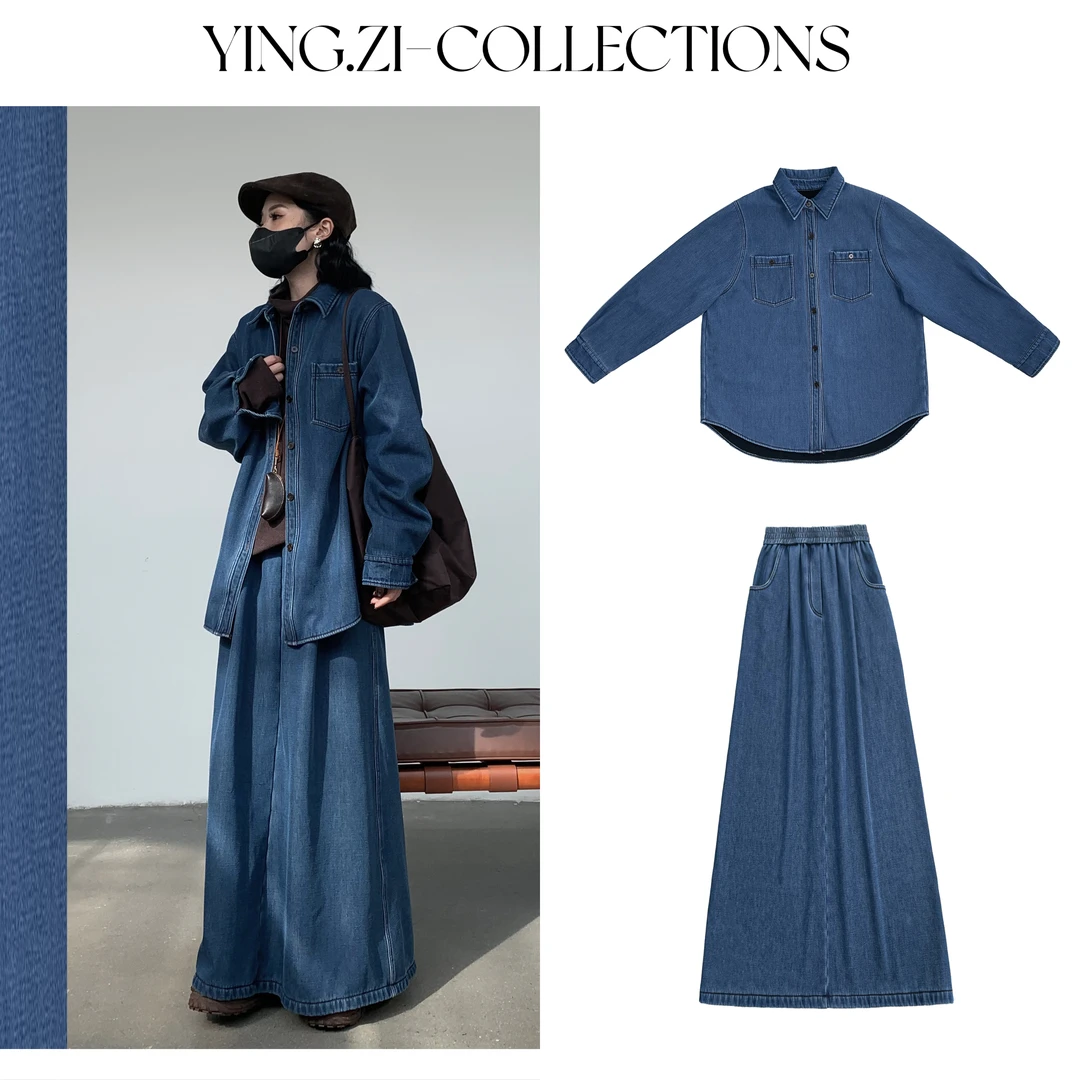 Ying-Zi【复蓝】加绒牛仔休闲套装复古时尚