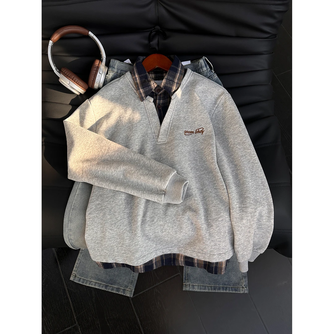 美式刺绣假两件卫衣男款秋冬衬衫领cleanfit外套潮牌内搭打底上衣